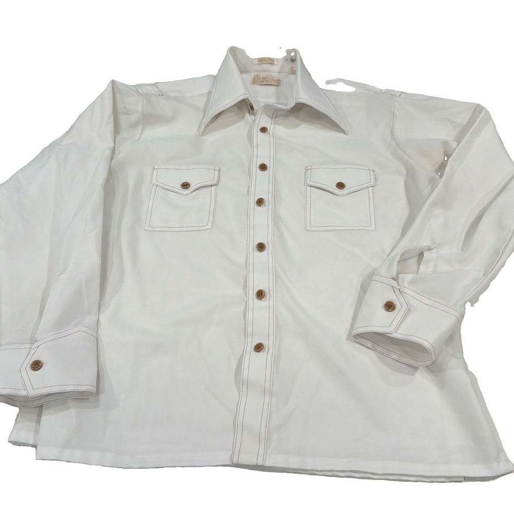 VTG Sears Kings Road Shirt Men XL White Cream Perma Prest 60s 70s ContrastStitch